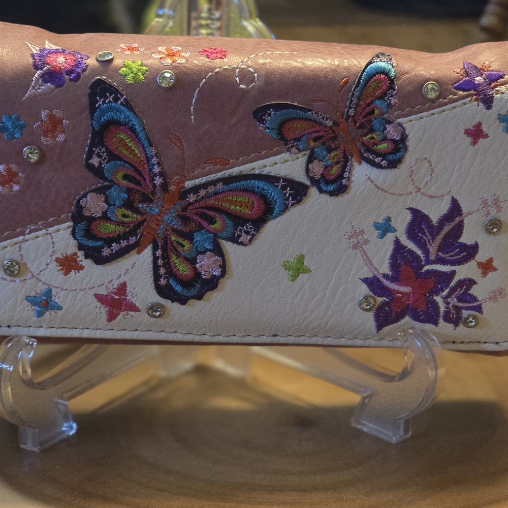 Pink and White Butterfly Embroidered Women’s Wallet W/crossbody